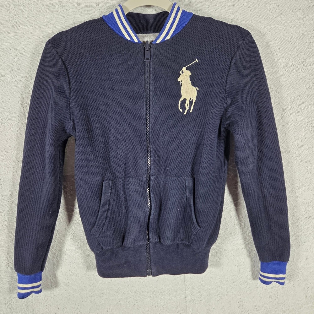 Polo Ralph Lauren Kids Reversible Full Zip Bomber Sweater Navy Gray Varsity Sz10